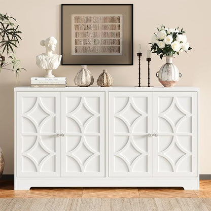 RoyalCraft Sideboard Buffet Cabinet with Storage, 56" Modern Sideboard with 4 Carved Doors, Large Wood Coffee Bar Console Table for Kitchen, Dining Room, Entryway, Living Room, Satin White