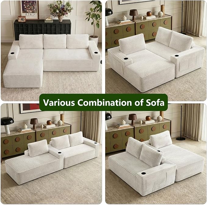 104.3" Modular Sectional Sofa,Modern Corduroy Cloud Couch with Cup Holder & Side Pockets,Boneless Couch Upholstered 3-Seater L-Shaped Sofa for Living Room,No Assembly (White, Left-Facing Chaise) | with Cup Holder