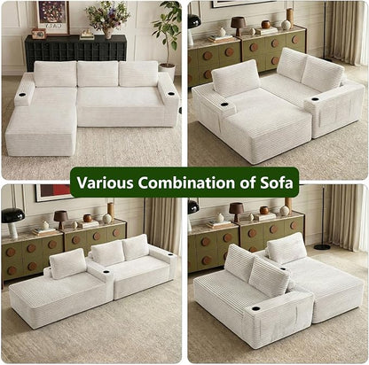 104.3" Modular Sectional Sofa,Modern Corduroy Cloud Couch with Cup Holder & Side Pockets,Boneless Couch Upholstered 3-Seater L-Shaped Sofa for Living Room,No Assembly (White, Left-Facing Chaise) | with Cup Holder