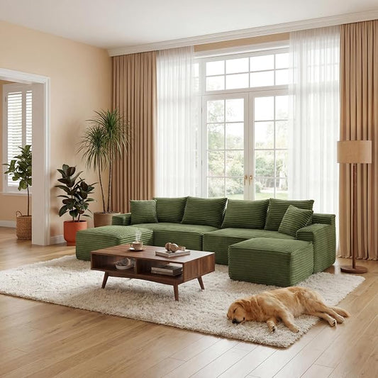 115" U-Shaped Cloud Sectional Couch, Front Facing Modular Compressed Boneless Sectional Sofa with Chaise Lounges and Console, Plush Corduroy Boneless Symmetrical Sofa