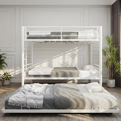 Livavege Detachable Bunk Bed Twin Over Twin with Trundle, Heavy Duty Bunk Beds for 3 Kids/Teens/Adults with Safety Guardrails & Ladder, Space Saving 3 Metal Bed Frame for Bedroom, Dorm, White