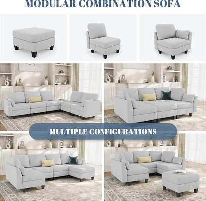 Sectional Sleeper Sofa, 6 Seaters Modular Sleeper Sofa Couch, Comfy Sectionals Couches Bed, Convertible Sofas with Ottomans, Modular Sectional Couches for Living Room, Light Grey