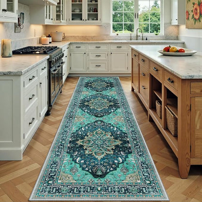 RELEANY Area Rugs Runner 2'x7' Washable Non-Slip, Floral Vintage Distress Medallion Carpet for Kitchen Hallway Bedroom Beside Laundry Room Bathroom, Teal Green Lake Blue Turquoise