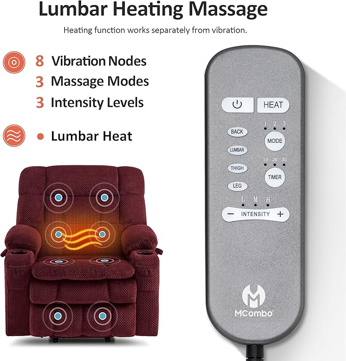 MCombo Small Dual Motor Power Lift Recliner Chair for Elderly, Zero Gravity Lift Chair with Heat and Massage, Lay Flat Recliner for Petite, USB Ports, Fabric R7894 (Small-Wide, Burgundy)