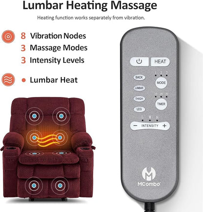 MCombo Small Dual Motor Power Lift Recliner Chair for Elderly, Zero Gravity Lift Chair with Heat and Massage, Lay Flat Recliner for Petite, USB Ports, Fabric R7894 (Small-Wide, Burgundy)