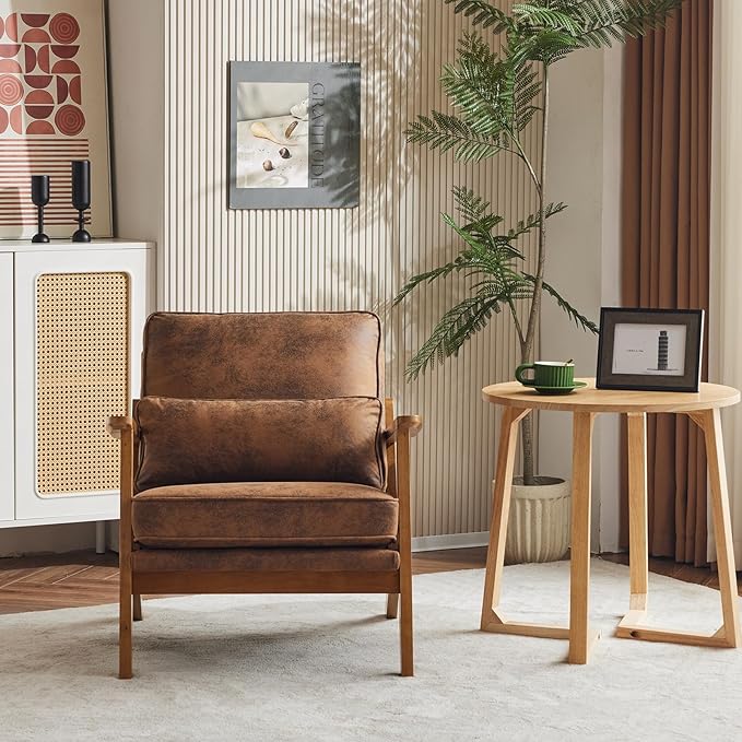 Karl home Mid-Century Lounge Accent Chair, Brown | Wide Curved Armrest, Bronzing Cloth, Lumbar Pillow Included, Solid Wood Frame, For Living Room, Bedroom, Balcony, Apartment