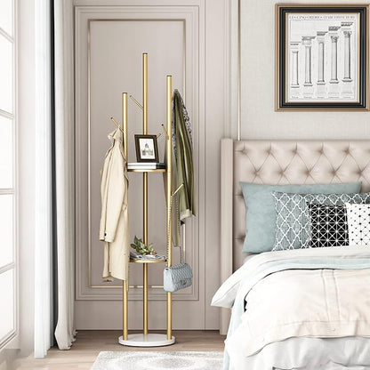 DOORXIFO Metal Gold Coat Racks Freestanding, Coat Hanger Stand, Hall Tree Rack for Hanging Hats, Scarves, Bags, Modern Coat Rack with Double Shelves, Corner Coat Rack, 9 Hooks, Gold