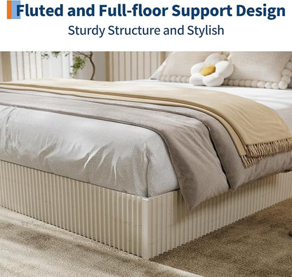 Garvee Queen Bed Frame, Wood Platform Bed with Fluted Design, Low Profile BedFrame, Minimalist Bed Base with Noise-Free, Easy Assembly, No Box Spring Needed, Cream