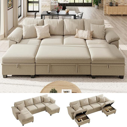 Ihanherry 108" Modular Sectional Sofa with Pull Out Bed, 6-Seater U Shaped Sectional Sleeper Couch with Storage Ottoman, Chenille Convertible Couches for Living Room, Apartment (Sand)