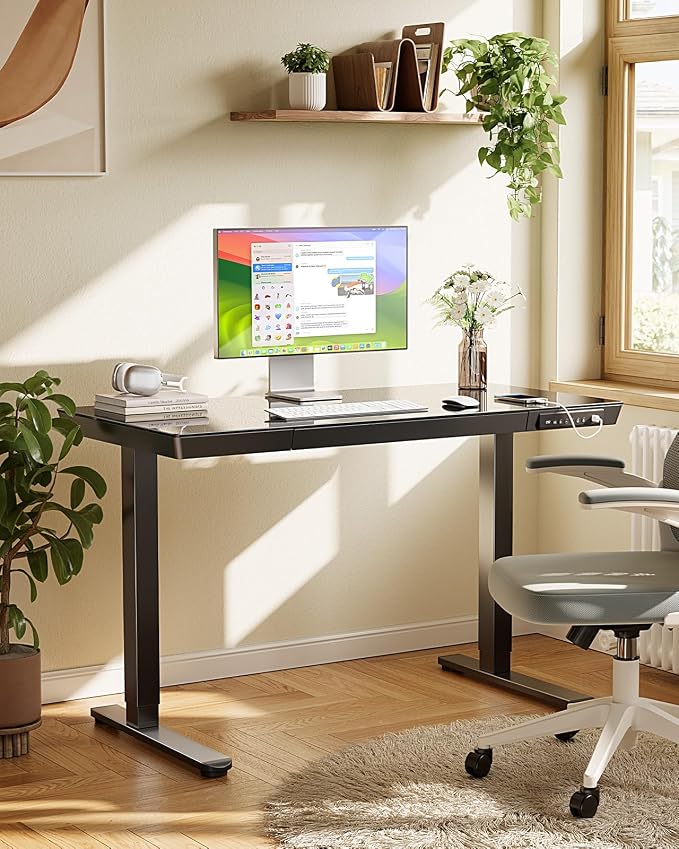 Marsail Glass Standing Desk with Drawer, 48 x 24 inch Electric Standing Desk, Height Adjustable Desk with One-Piece Tabletop & USB Charging Ports, Sit Stand Desk with Storage for Home & Office Black