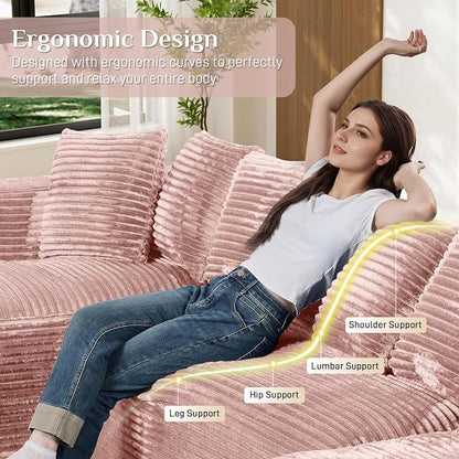 131" Oversized U Shaped Cloud Sectional Couches for Living Room, Comfy Fluffy Corduroy Pink Boneless Sectionals Couch, Plush Memory Foam Modular Sectional Sofa with Chaise- 19" Seat Height