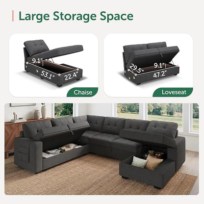 HONBAY Modular Sectional Sleeper Sofa with Pull Out Bed, U Shaped Sleeper Couches with Storage Chaise, 114'' Sleeper Sectional Sofas for Living Room, Apartment (Dark Grey)