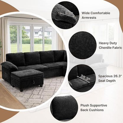 108" Modular Sectional Sofa Bed with Storage, L Shaped Pull Out Couch, Removable Chenille Sofa Cover for Living Room (Black, 7 Seat)