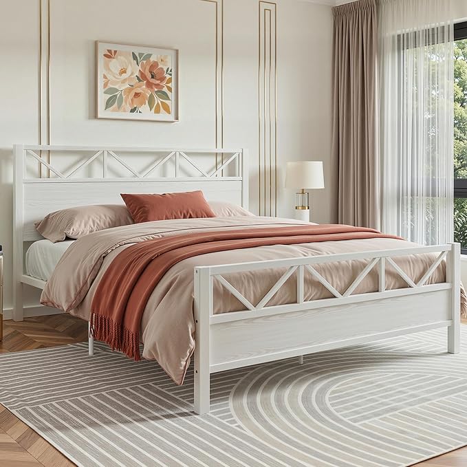 LIKIMIO King Size Bed Frame, Tall Modern Headboard 51.2 ", Platform Bed Frame with Strong Metal Support, Solid and Stable, Noise Free, No Box Spring Needed, Easy Assembly, White