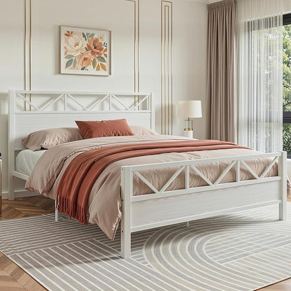 LIKIMIO King Size Bed Frame, Tall Modern Headboard 51.2 ", Platform Bed Frame with Strong Metal Support, Solid and Stable, Noise Free, No Box Spring Needed, Easy Assembly, White