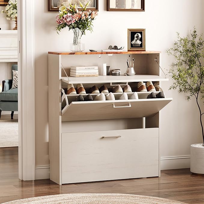 VINGLI Set of 2 Rustic White Shoe Cabinet for Entryway, 2-Pack 31.5" W Extra Wide Slim Shoe Organizer with Vintage Brown Top, Modern Farmhouse Wood Shoes Rack, Narrow Freestanding Cabinet for Hallway