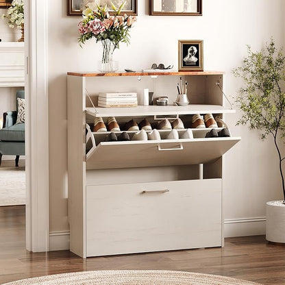 VINGLI Set of 2 Rustic White Shoe Cabinet for Entryway, 2-Pack 31.5" W Extra Wide Slim Shoe Organizer with Vintage Brown Top, Modern Farmhouse Wood Shoes Rack, Narrow Freestanding Cabinet for Hallway