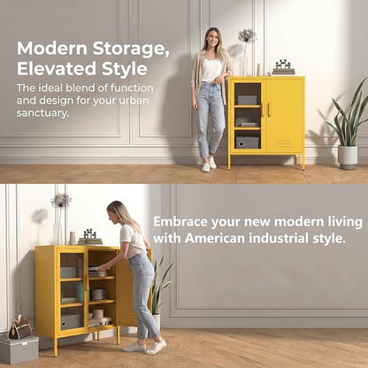 Yellow Lockable Glass & Metal Door Storage Cabinet, 3-Tier Freestanding Locker Organizer with 2 Adjustable Shelves, Multipurpose Unit for Home, Entryway, Hallway, 33" H x 29.5" W x 13.8" D