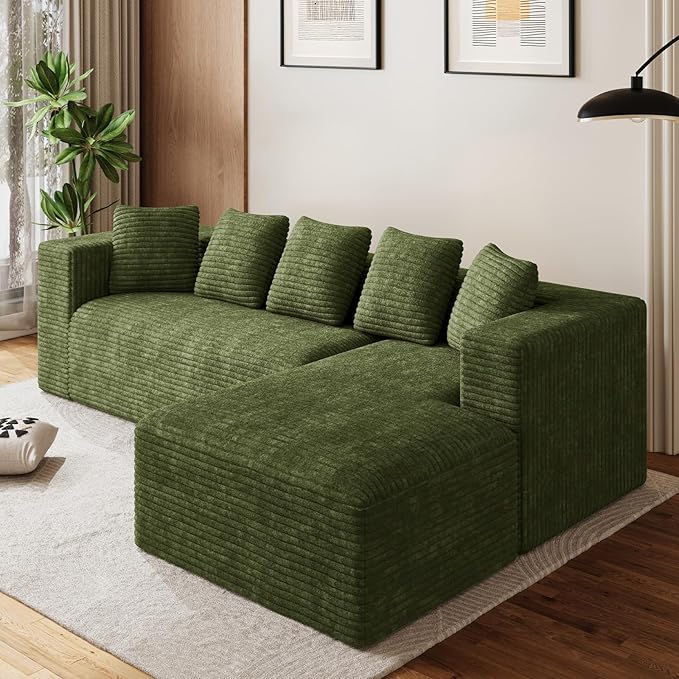 Oversized L Shaped Boneless Sectional Couches for Living Room, 107" Comfy Fluffy Cloud Modular Sectional Sofa, Plush Corduroy Memory Foam Floor Sofa with Right Facing Chaise Couch