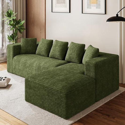 Oversized L Shaped Boneless Sectional Couches for Living Room, 107" Comfy Fluffy Cloud Modular Sectional Sofa, Plush Corduroy Memory Foam Floor Sofa with Right Facing Chaise Couch