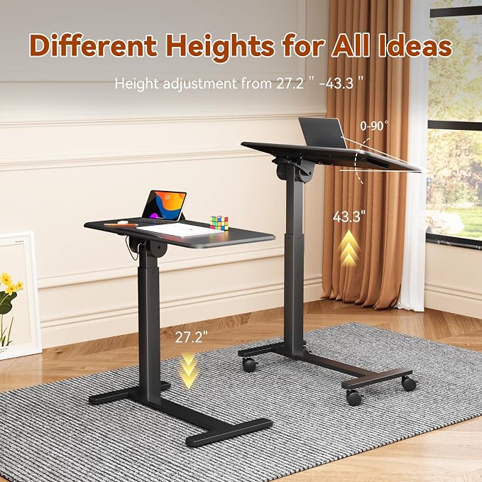 Mobile Standing Desk, Height Adjustable Left/Right Overbed Bedside Table, 90° Tiltable Portable Laptop Desk with Wheels, Foldable Computer Cart for Hospital Home Use, Black