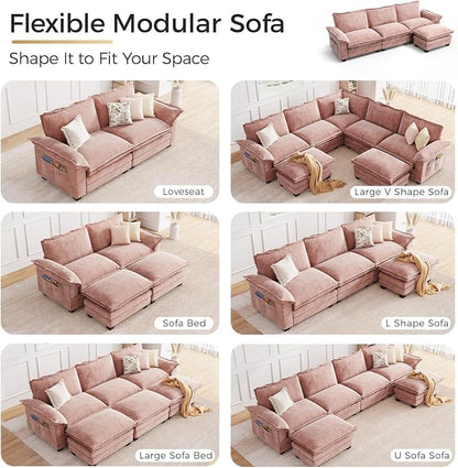 KKL 89 Inch Modular Sectional Sofa, 2 Seater Loveseat Cloud Couch with Deep Seat, Chenille Sectional Couches for Living Room, Apartment, Pink