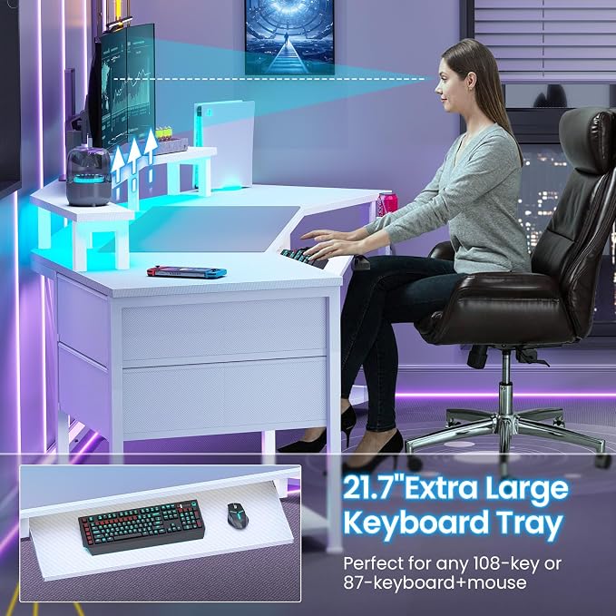 Itaar 79" Gaming Desk with 2 Fabric Drawers, Long Computer Desk with Power Strip & LED Lights, U Shaped Desk with Storage and Cup Holder, Large Gaming Table for Bedroom, Carbon Fiber White