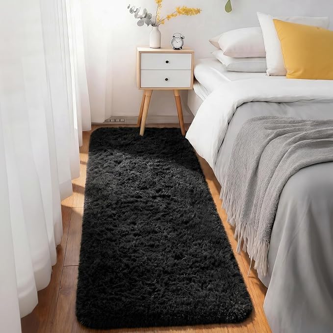 Ophanie Runner Rug for Hallway, 3x6 Washable Non-Slip Fluffy Soft Bedside Rugs, Bedroom Living Room Shaggy Carpet for Kids Girls Boys Dorm Nursery Decor Aesthetic, Black with Over 99 pcs Pile fibers