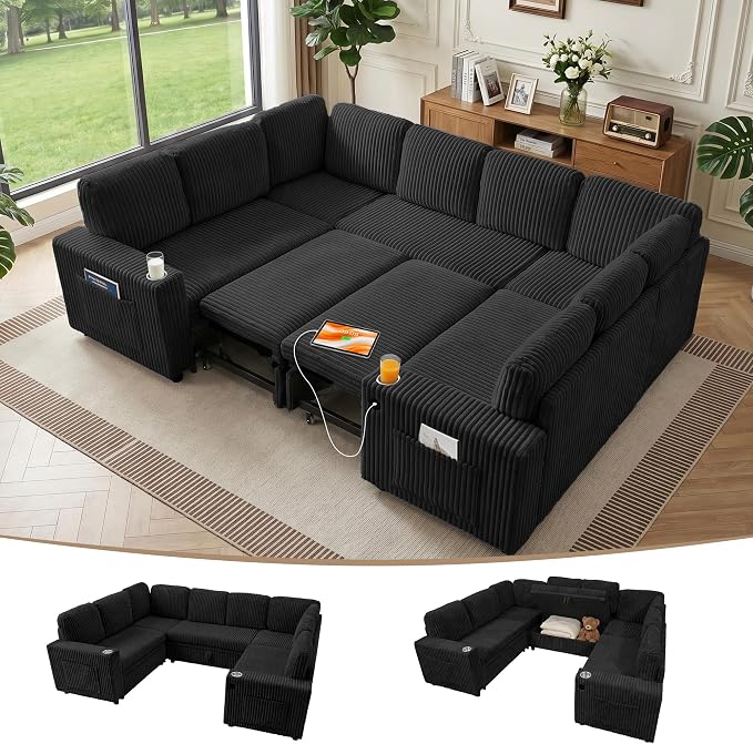 Sectional Sleeper Sofa with Pull Out Bed, 8 Seats U Shaped Modular Sectional Sofa with Storage, USB Ports, Cup Holders, Plush Corduroy Cloud Sectional Couches for Living Room, Black
