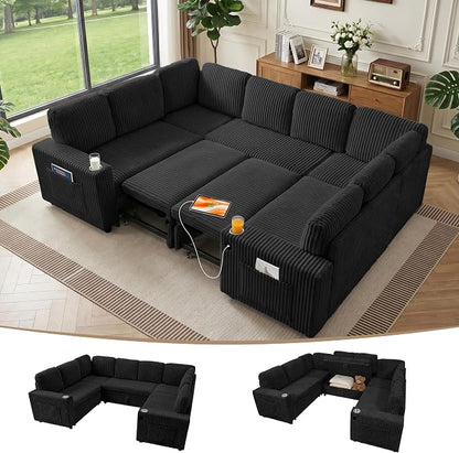 Sectional Sleeper Sofa with Pull Out Bed, 8 Seats U Shaped Modular Sectional Sofa with Storage, USB Ports, Cup Holders, Plush Corduroy Cloud Sectional Couches for Living Room, Black