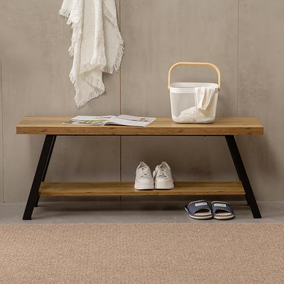 SUNTAGE Entryway Bench, Farmhouse Indoor Entry Way Shoe Benches Seat, Industrial Metal Shoe Storage Bench Organizer for Living Room, Bedroom, Hallway (Rustic Oak)