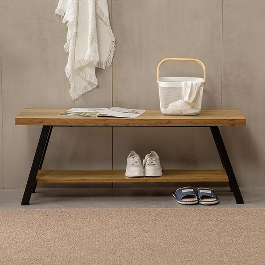 SUNTAGE Entryway Bench, Farmhouse Indoor Entry Way Shoe Benches Seat, Industrial Metal Shoe Storage Bench Organizer for Living Room, Bedroom, Hallway (Rustic Oak)
