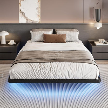 SHA CERLIN Full Size Floating Bed Frame with Smart LED Lights, Black | Modern Design Metal Platform Bed with Power Strip, No Box Spring Needed, Noise-Free, Easy Assembly