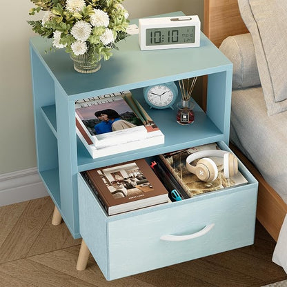 Huhote Kids Nightstand, 2-Tier Night Stand with Charging Station and Drawer, Modern Side Table for Bedroom, Study Room, Small Spaces, Blue