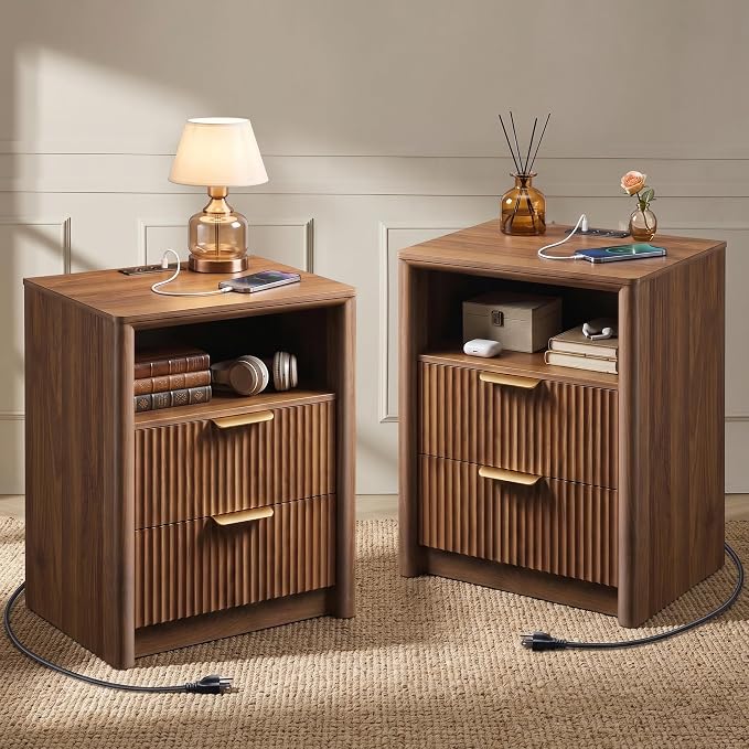 LYNCOHOME 19.7" Fluted Nightstands Set of 2 with Charging Station, 2 Drawer Bedside Table, Modern Night Stand with Curved Edge, Wooden End Table for Bedroom, Rounded Night Stand with Storage, Walnut