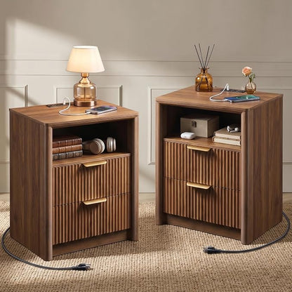 LYNCOHOME 19.7" Fluted Nightstands Set of 2 with Charging Station, 2 Drawer Bedside Table, Modern Night Stand with Curved Edge, Wooden End Table for Bedroom, Rounded Night Stand with Storage, Walnut
