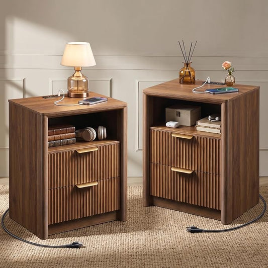 LYNCOHOME 19.7" Fluted Nightstands Set of 2 with Charging Station, 2 Drawer Bedside Table, Modern Night Stand with Curved Edge, Wooden End Table for Bedroom, Rounded Night Stand with Storage, Walnut