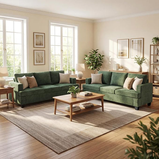 YOUDENOVA 2 Piece Set Comfy Sofa Couch, 3-Seater Sofa * 2 with Deep Seats, Modern Sleeper Couch for Living Room, Green Chenille