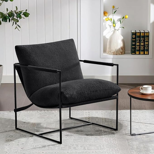 Furnilivng Large Sling Accent Chair, Comfortable Boucle Fabric Arm Chair, Upholstered Cozy Reading Chair for Living Room, Bedroom, Dressing Room, Home Office (Black, Set of 1)