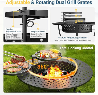 Wisteria Lane 3 in 1 43" Extra Large Fire Pit for Outside Wood Burning with 2 Adjustable Grills, Outdoor Fireplace with Lid and Fire Poker, BBQ & Bonfire & Round Metal Table for Patio, Backyard