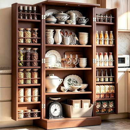 kepptory 47" Kitchen Pantry Cabinet with Doors and Adjustable Shelves, Freestanding Pantry Storage Cabinet, Farmhouse Buffet Cupboard for Kitchen, Dining Room, Living Room, Grey (Brown)