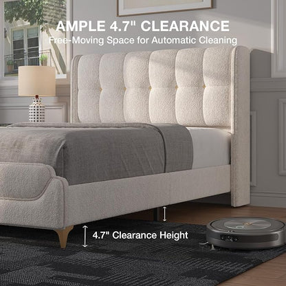 Novilla Queen Bed Frame with Charging Station & LED Lights, Upholstered French Luxury Platform Bed with Wingback Headboard, Lamb Wool Fabric, No Box Spring Needed, Easy Assembly, Cream White