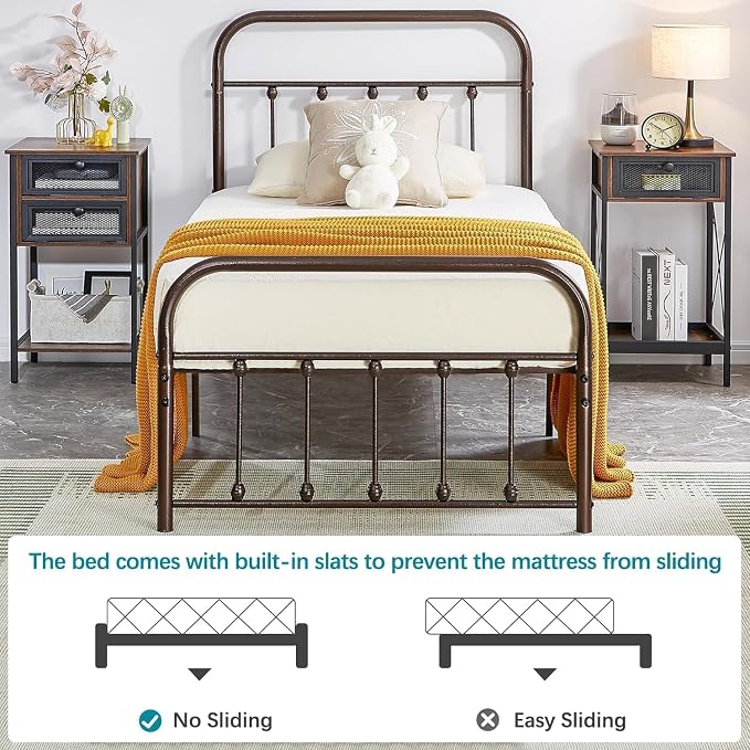 VECELO Purple Bronze Metal Bed Frame Twin Size with Vintage Headboard and Footboard, No Box Spring Needed, Premium Stable Steel Slat Support Mattress Foundation