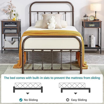 VECELO Purple Bronze Metal Bed Frame Twin Size with Vintage Headboard and Footboard, No Box Spring Needed, Premium Stable Steel Slat Support Mattress Foundation