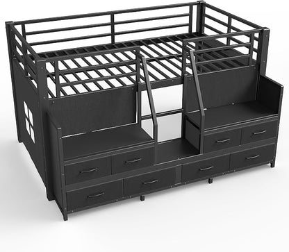 Bellemave Twin Size Loft Bed with 8 Non-Woven Fabric Storage Drawers and Bookshelf, Low Loft Bed with Lights and Private Play Curtain, Twin Loft Beds with High Rails, Noise Reduced Black