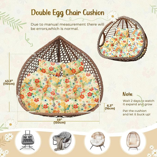 Double Egg Chair Cushion Replacement Waterproof for Outdoor Patio Hanging Basket Egg Chairs, 59x43-Inch Thickened 100% Cotton Large Double Eggs Swing Chair Cushions, Daisy 2#