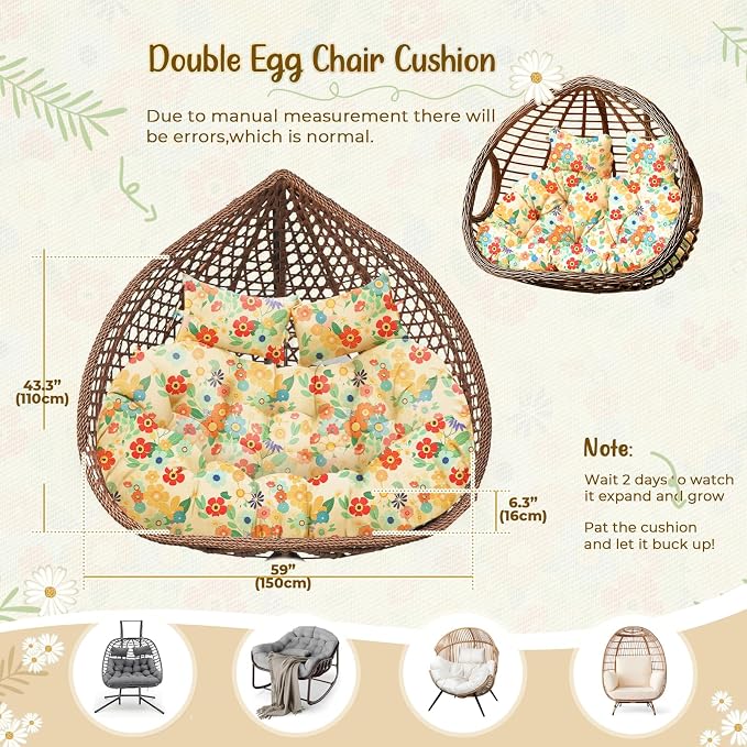Double Egg Chair Cushion Replacement Waterproof for Outdoor Patio Hanging Basket Egg Chairs, 59x43-Inch Thickened 100% Cotton Large Double Eggs Swing Chair Cushions, Daisy
