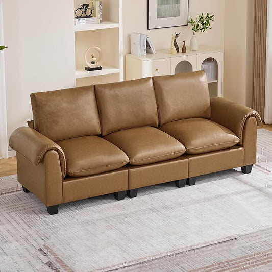 96" Faux Leather Modular Sectional Upholstered Sofa, Oversized 3 Seater Couch with Curved Armrests, Cloud Modern Upholstered Deep Seat Sofa for Living Room, Light Brown