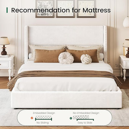 LARMACE Queen Bed Frame with 4 Storage Drawers,Upholstered Bed Frame Queen Size with Headboard Corduroy Platform Bed Frame with Vertical Stripe,Solid Wood Leg/No Box Spring Needed/Noise Free,White