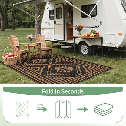 GENIMO Outdoor Rug for Patio Clearance - 5x8 ft Waterproof Plastic Camping Rugs, Reversible Outside Rv Mat Carpet for Porch, Deck, Picnic, Balcony, Beach, Backyard, Black Orange